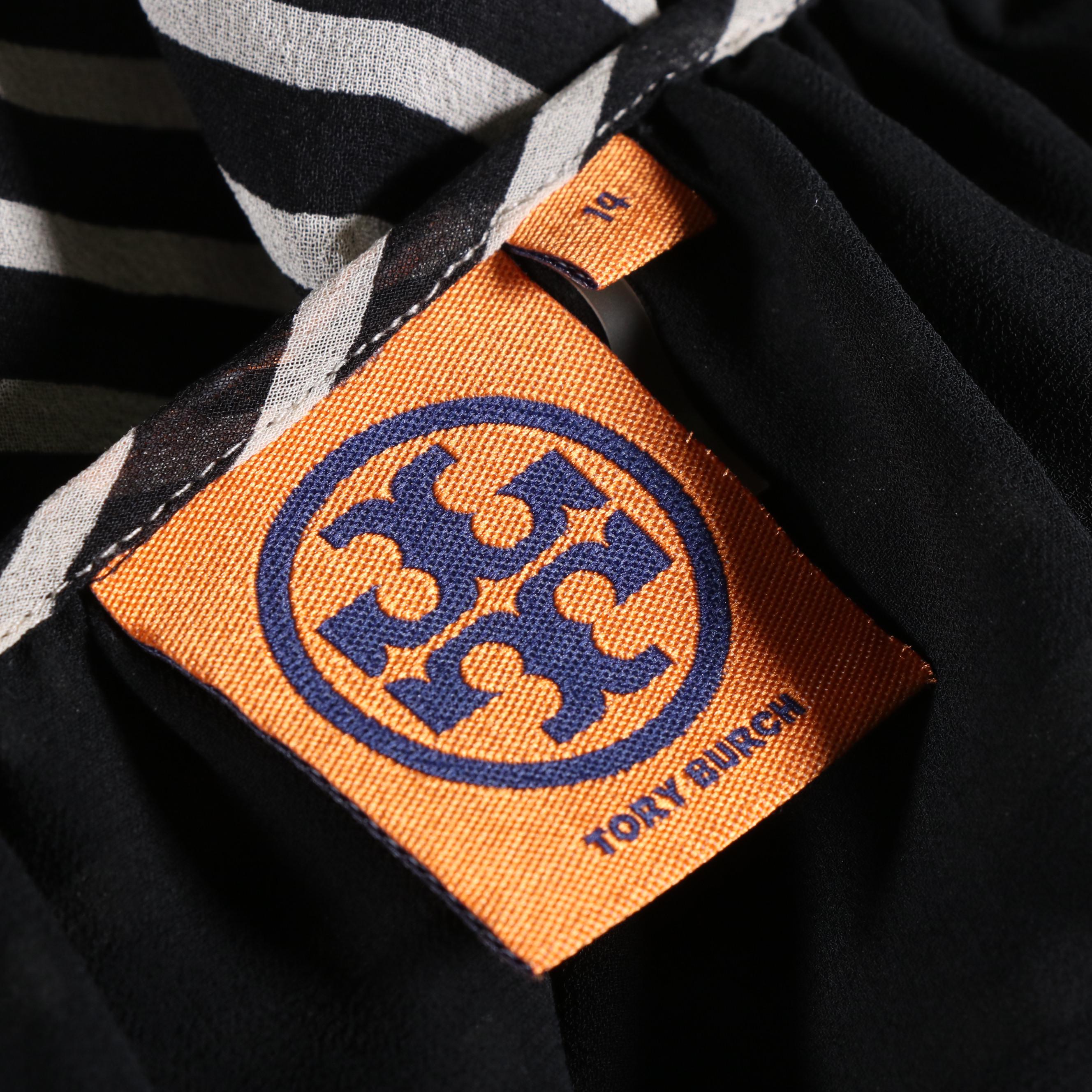 Tory Burch Black and Ivory Striped Silk Chiffon Blouse