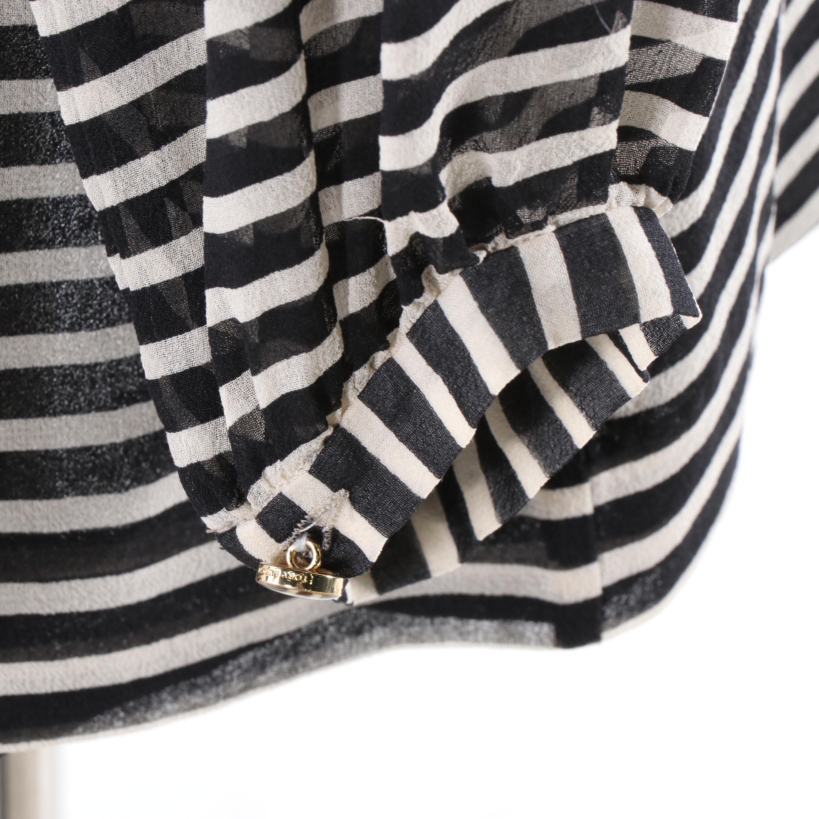 Tory Burch Black and Ivory Striped Silk Chiffon Blouse