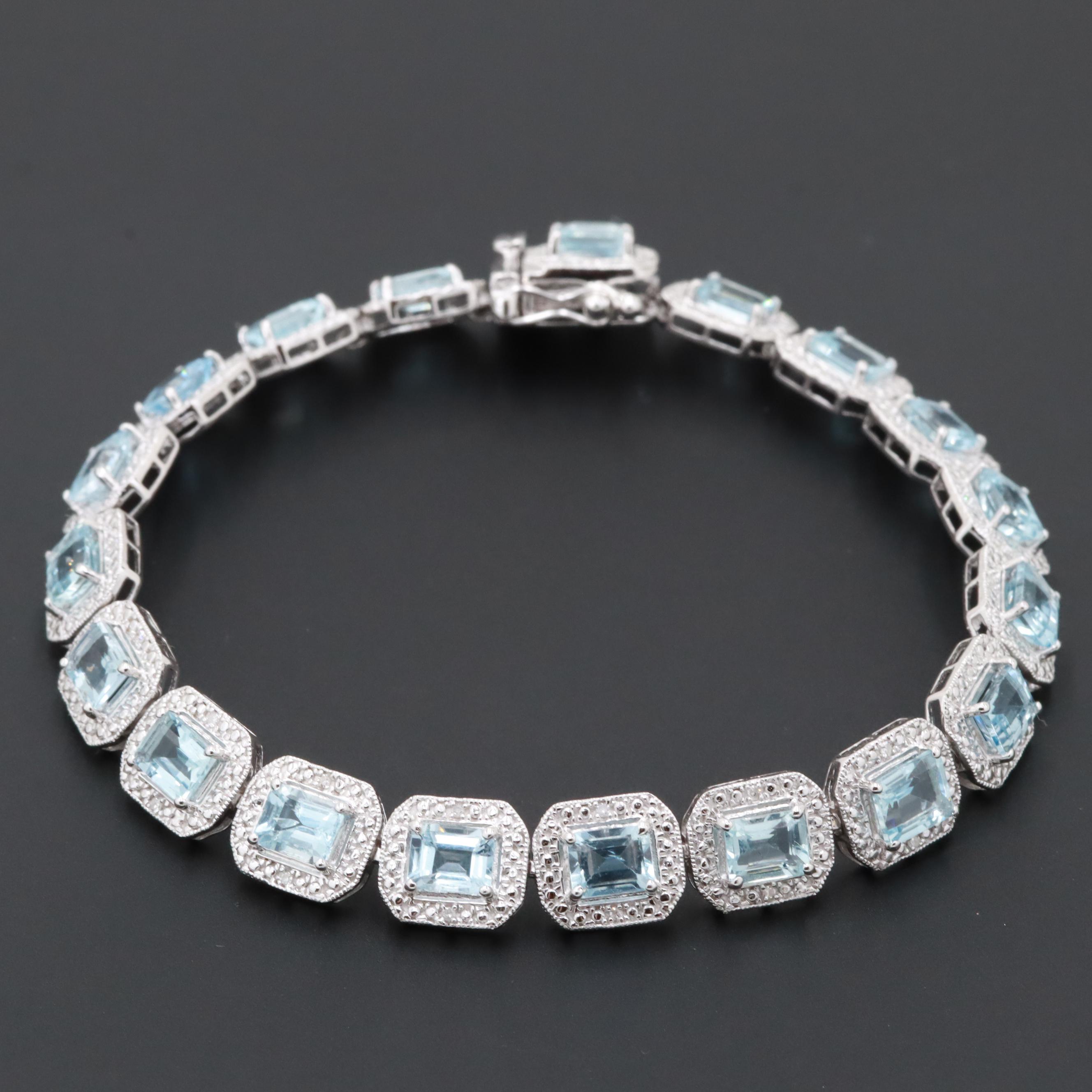 Sterling Silver Aquamarine and Diamond Bracelet