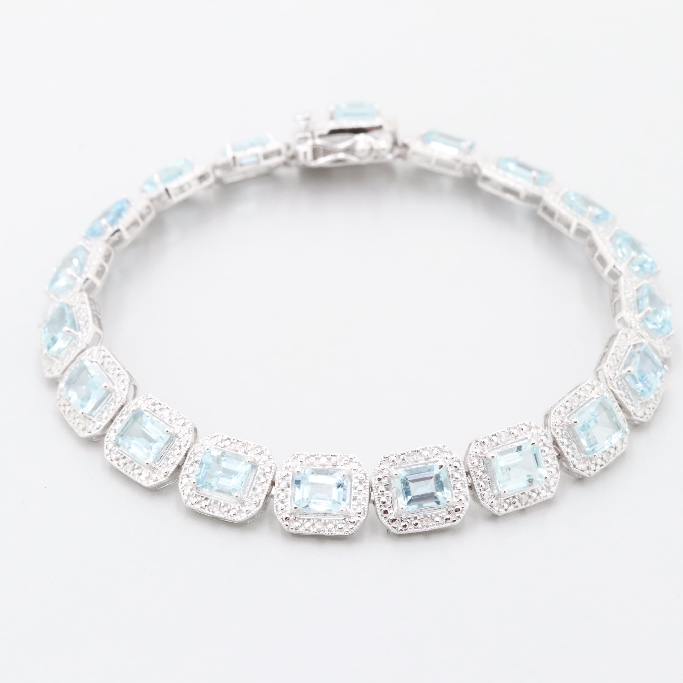 Sterling Silver Aquamarine and Diamond Bracelet