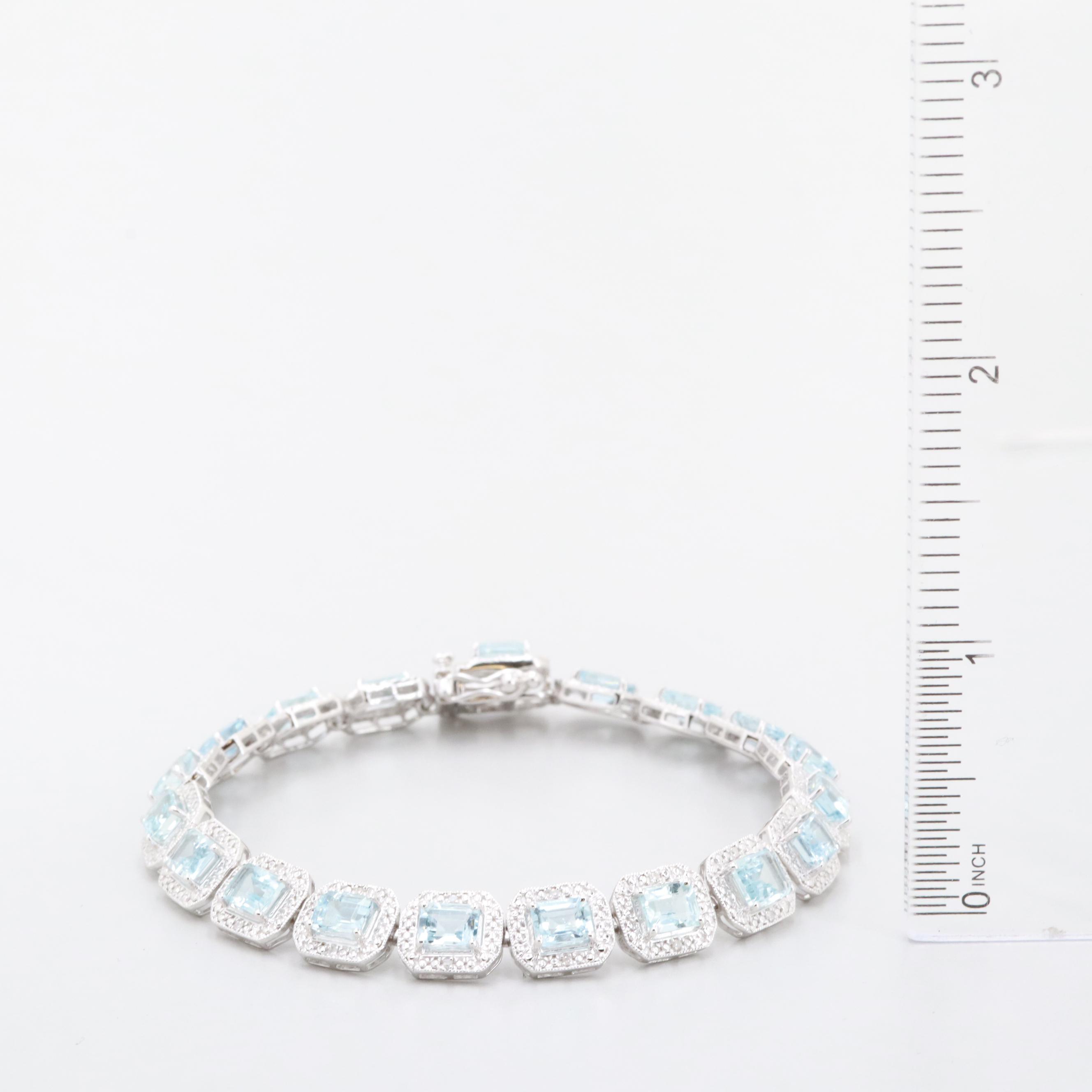 Sterling Silver Aquamarine and Diamond Bracelet