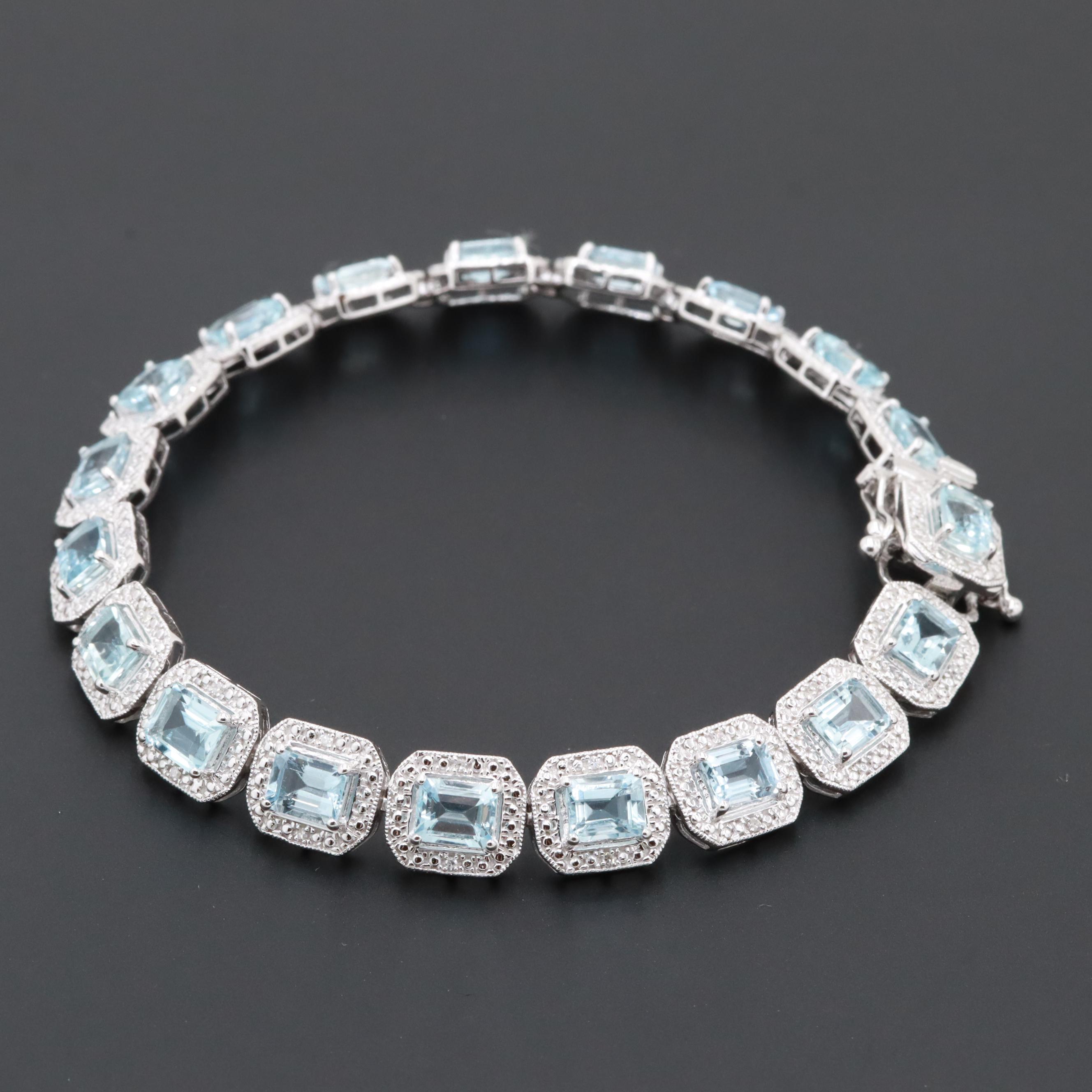 Sterling Silver Aquamarine and Diamond Bracelet
