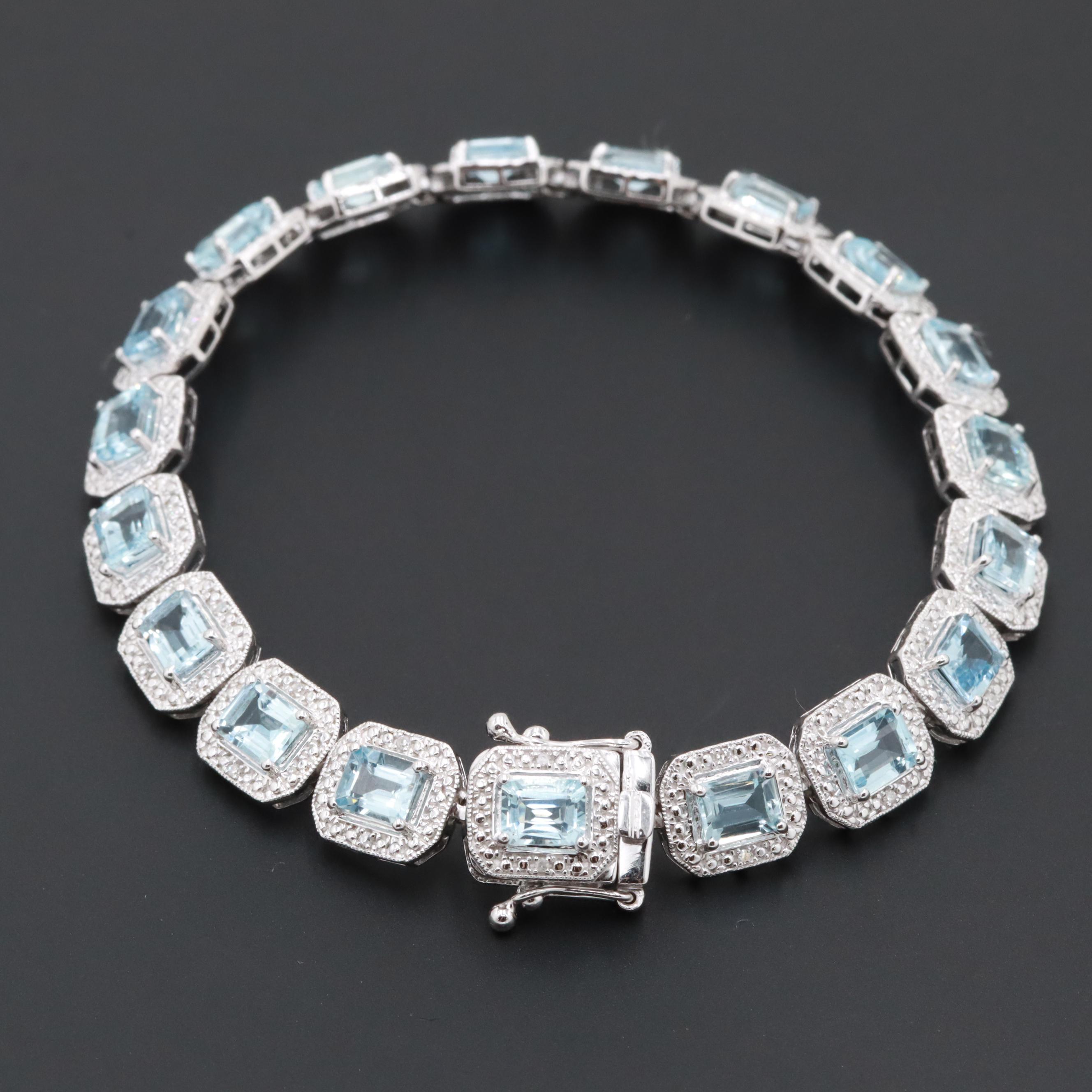 Sterling Silver Aquamarine and Diamond Bracelet
