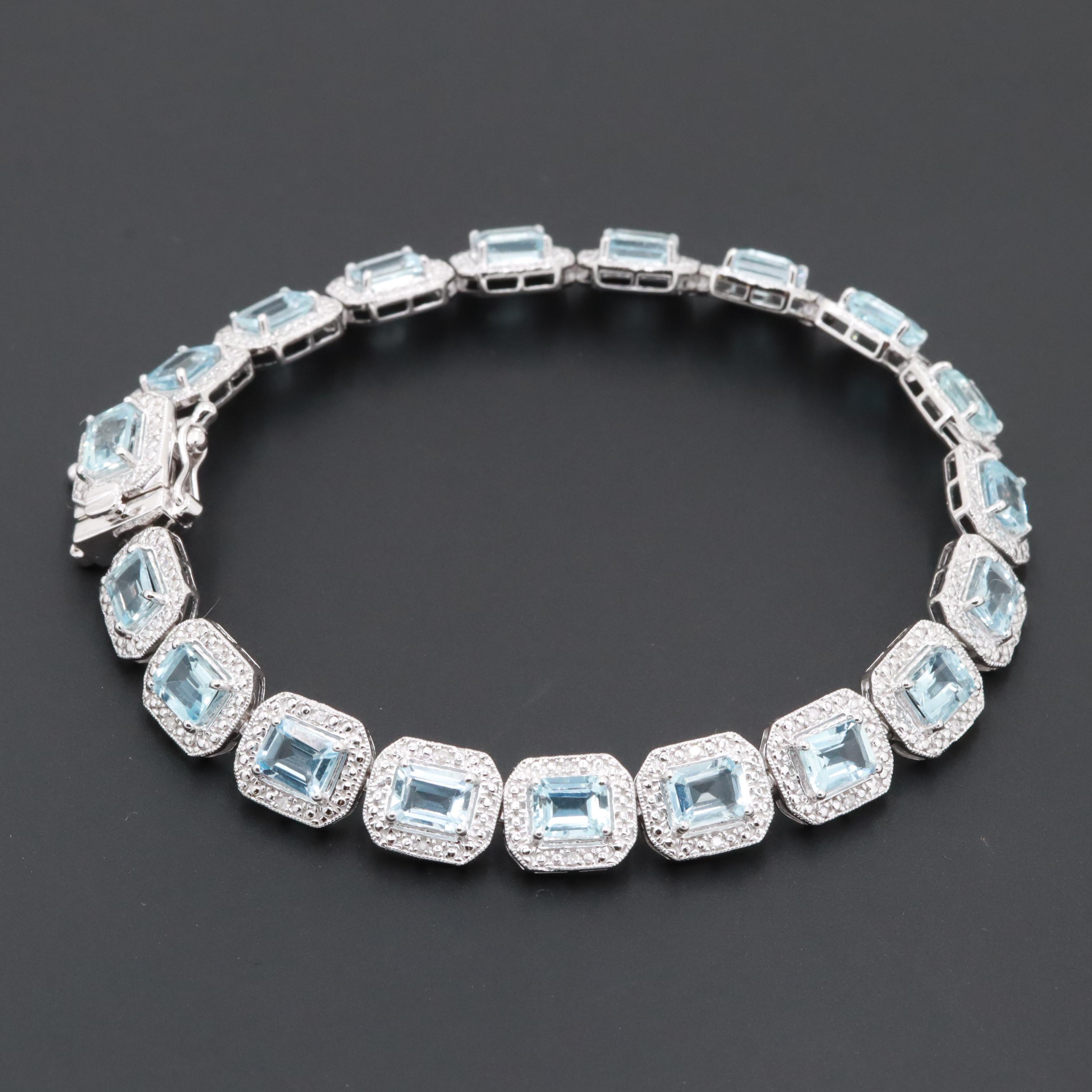 Sterling Silver Aquamarine and Diamond Bracelet