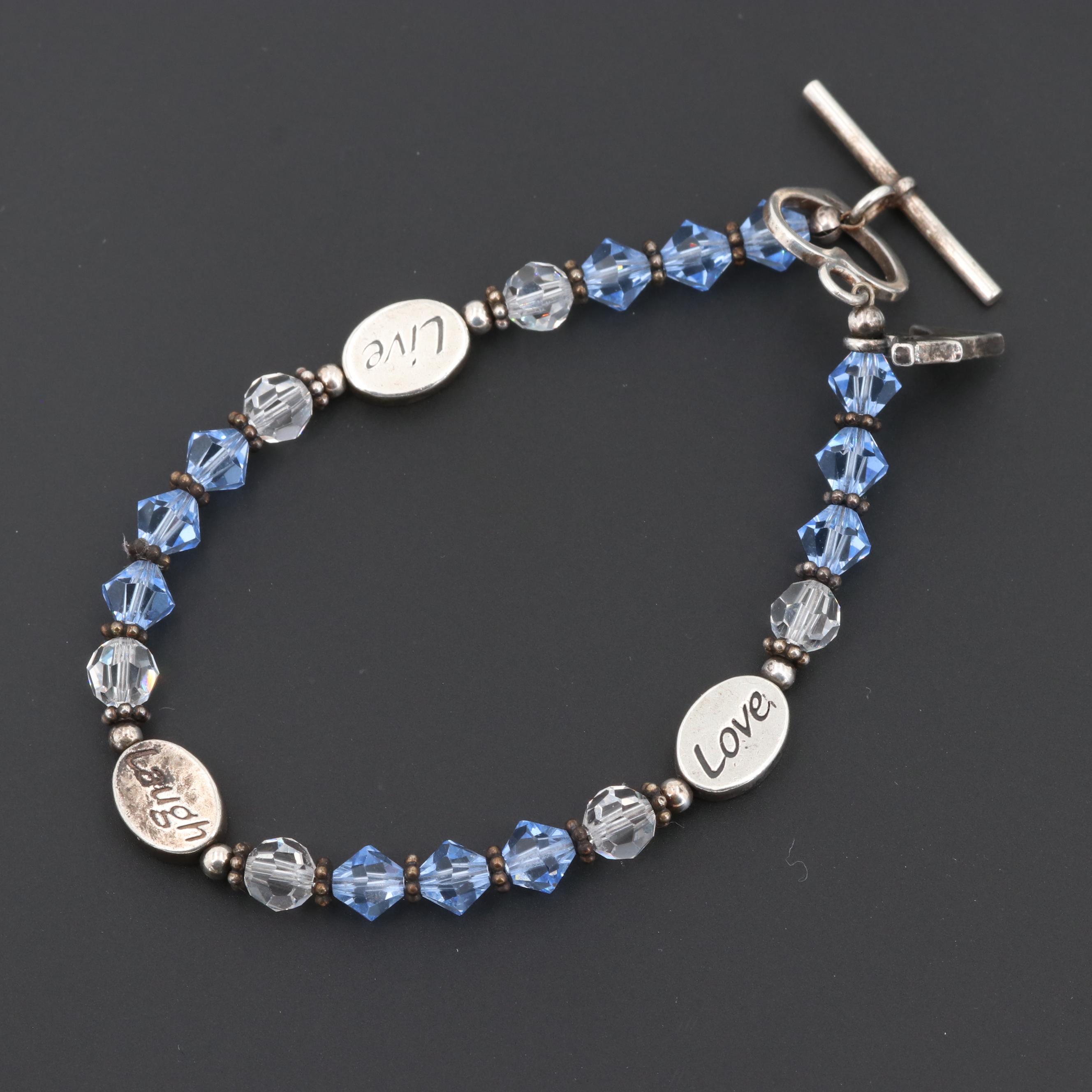 Sterling Silver Glass Crystal "Live, Laugh, Love" Bracelet