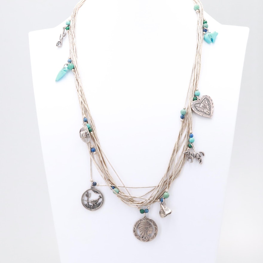 Southwestern Style Sterling Silver Malachite, Lapis Lazuli and Howlite Necklace