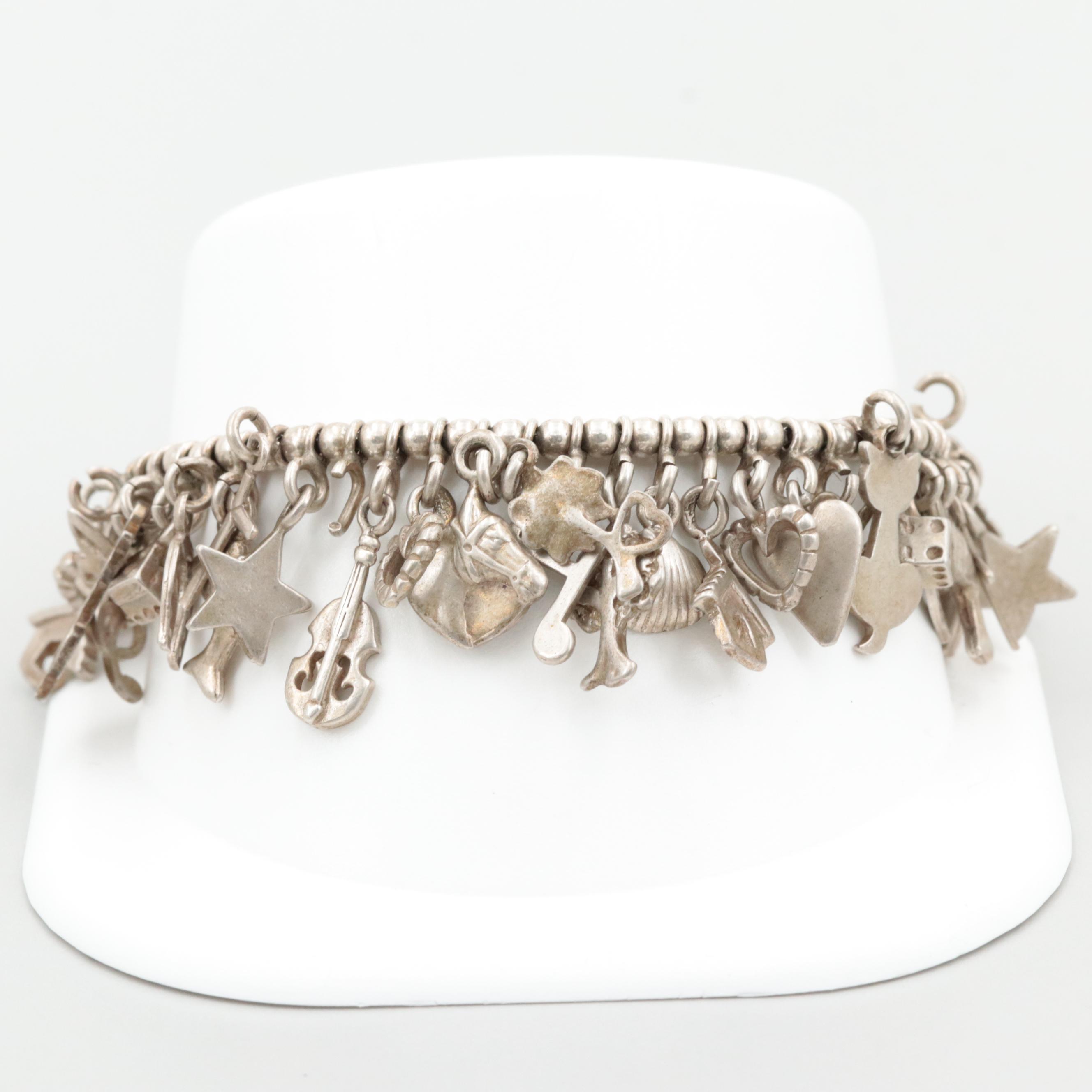 Vintage Sterling Silver Bead Charm Bracelet with Good Luck Themed Charms