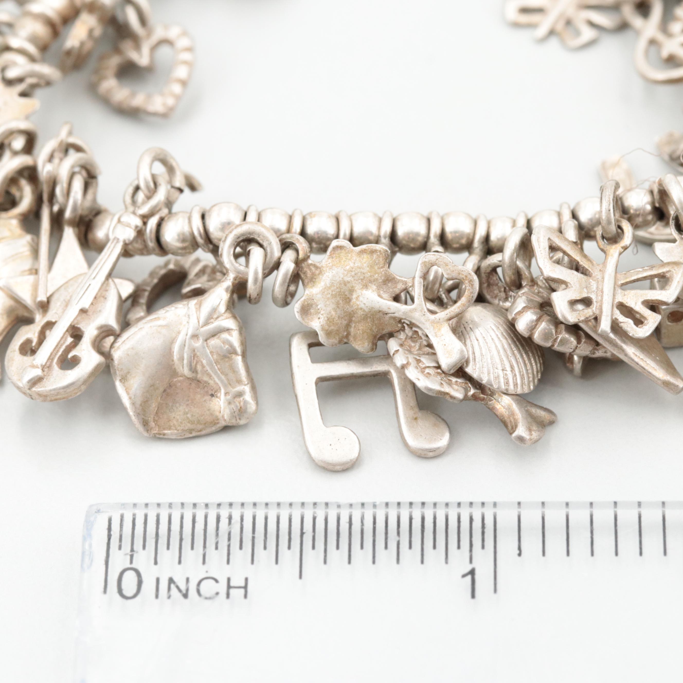 Vintage Sterling Silver Bead Charm Bracelet with Good Luck Themed Charms