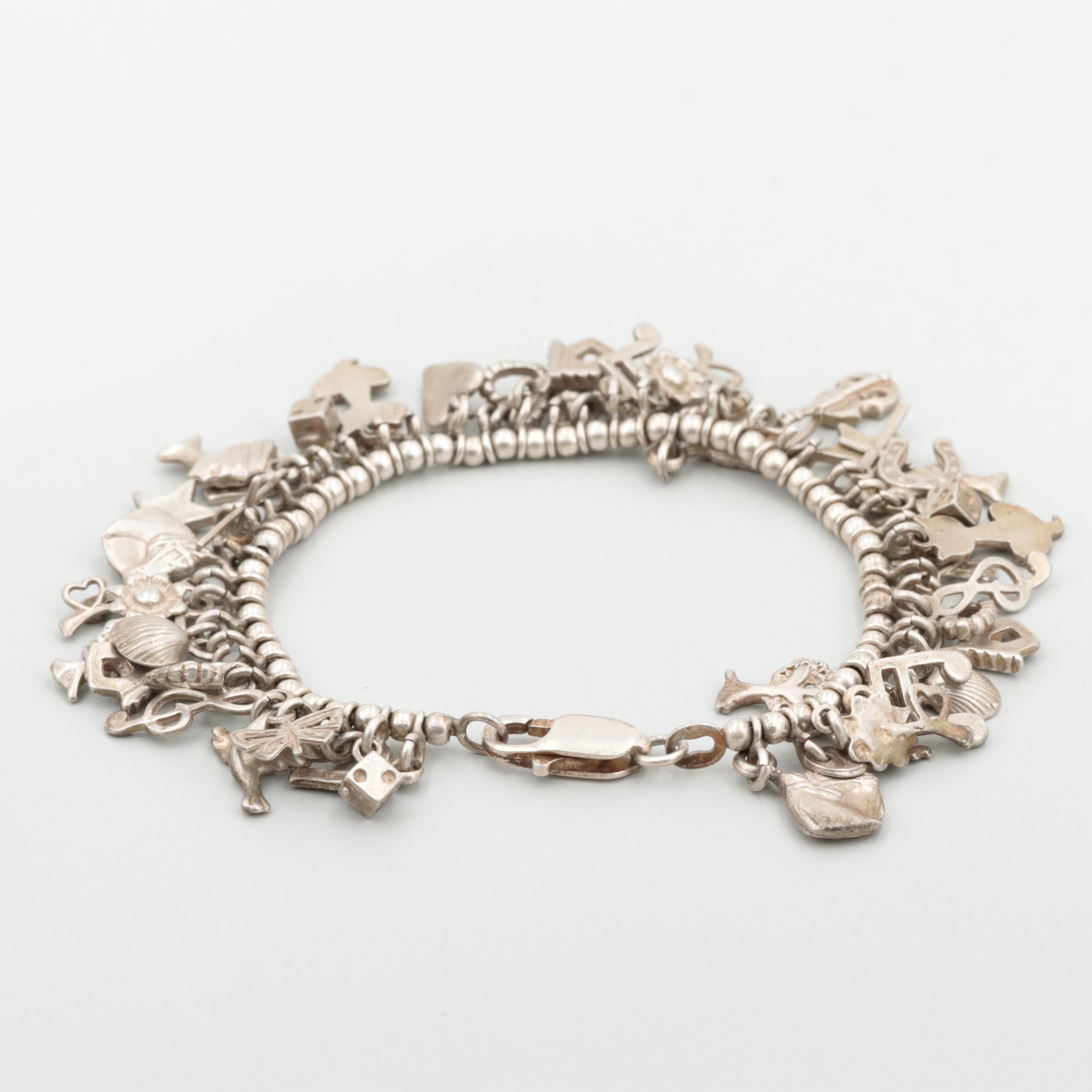 Vintage Sterling Silver Bead Charm Bracelet with Good Luck Themed Charms