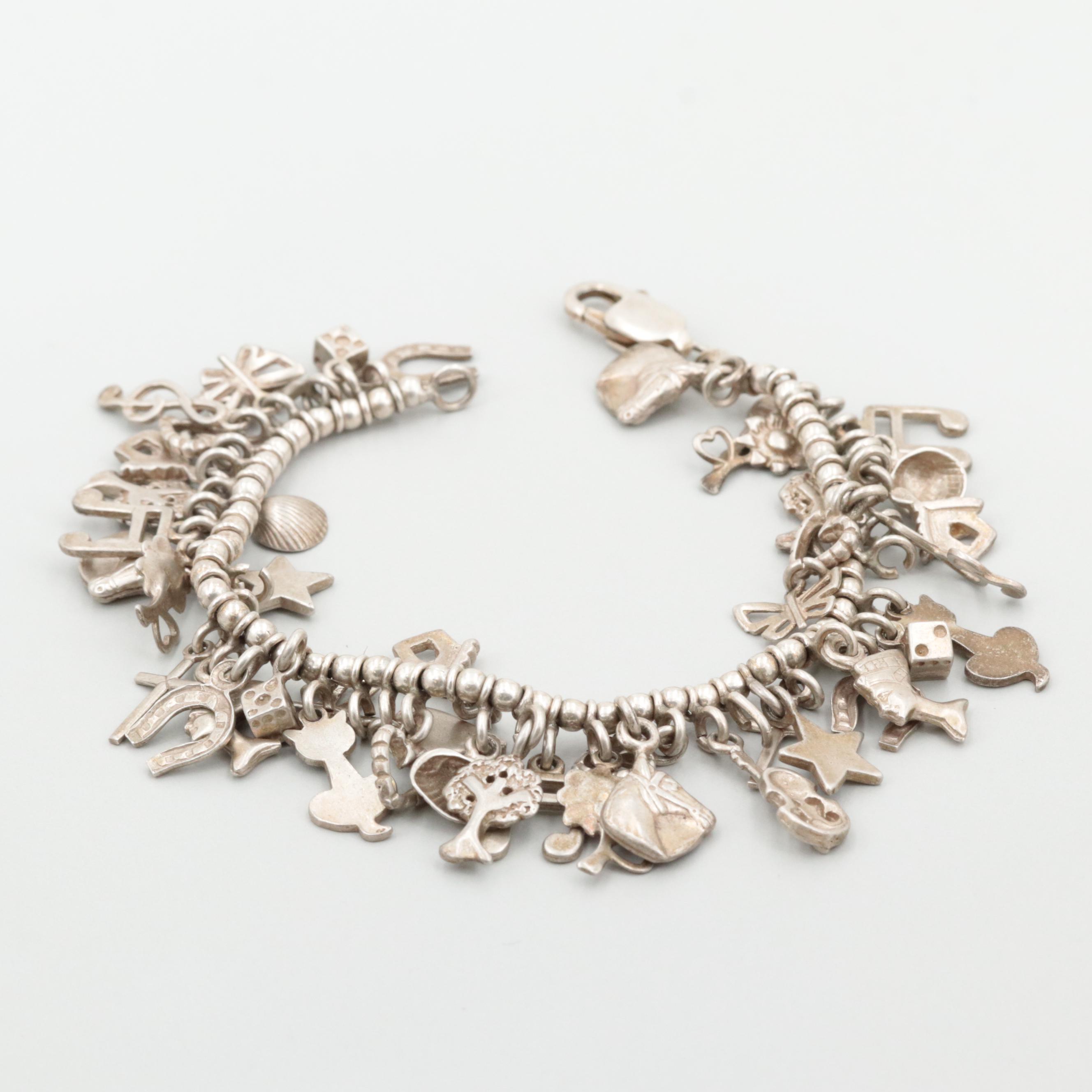 Vintage Sterling Silver Bead Charm Bracelet with Good Luck Themed Charms