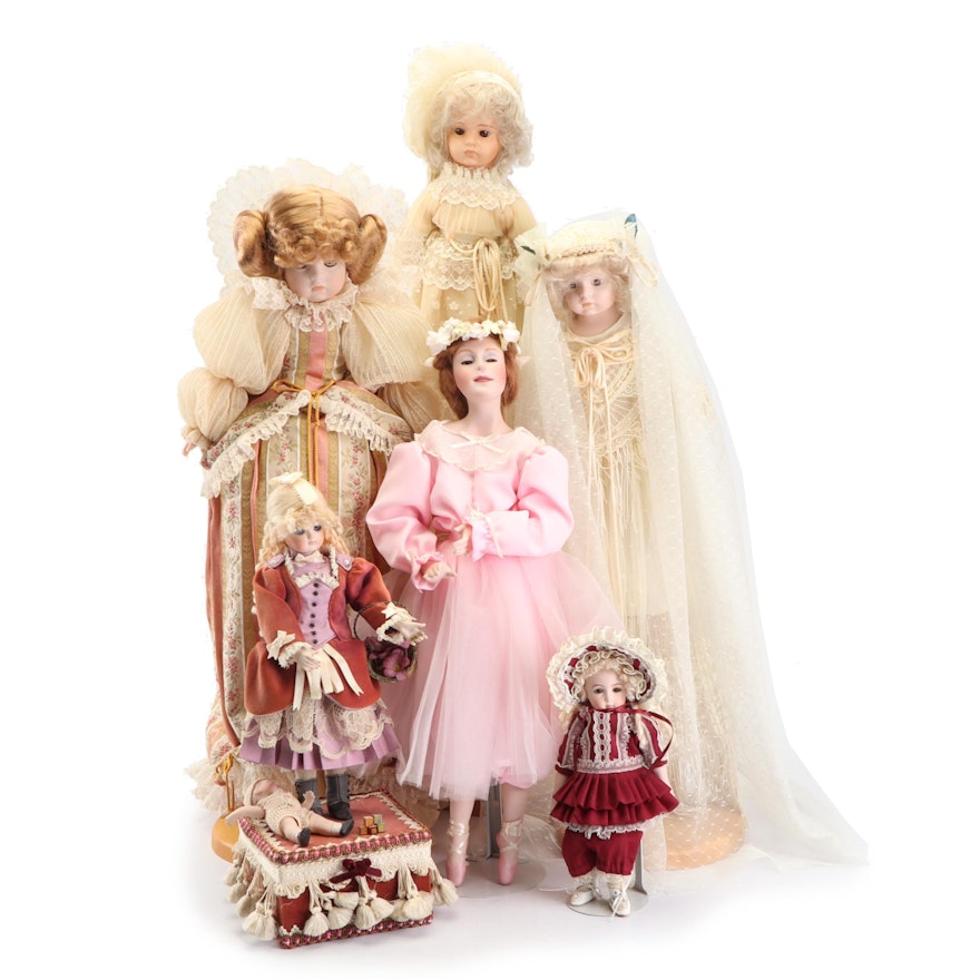 Collection of Dolls Including Porcelain "Rebecca" by Abigail Brahms, 1980s