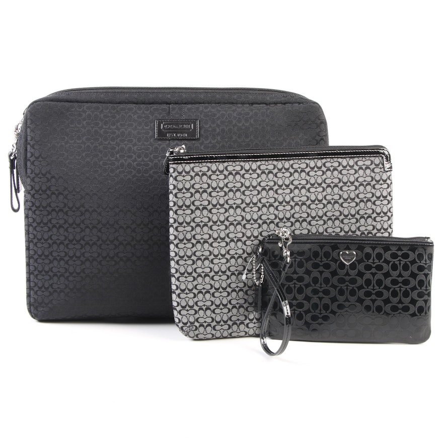 Coach Laptop and Tablet Sleeves in Black and Gray Canvas with Leather Wristlet