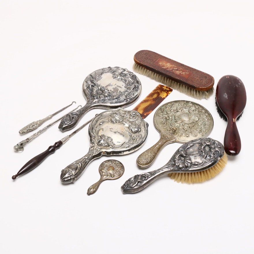 Silver Plate Vanity Hand Mirrors and Other Vanity, Late 19th/Early 20th Century