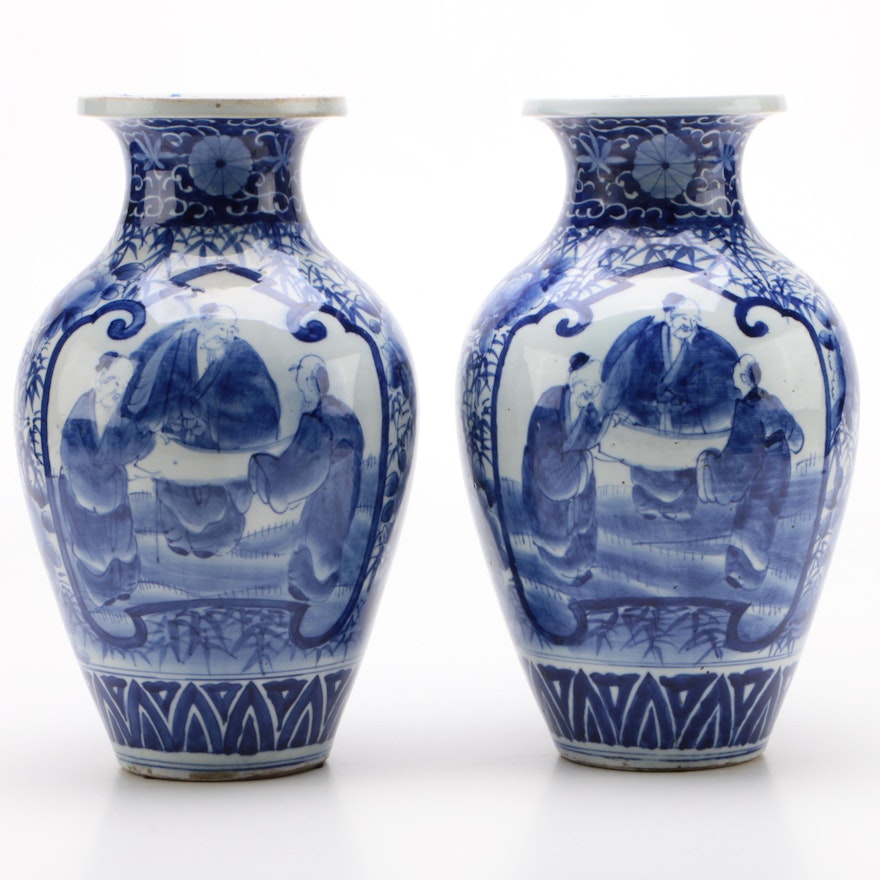 Pair of Chinese Canton Blue and White Porcelain Vases, Late 19th Century