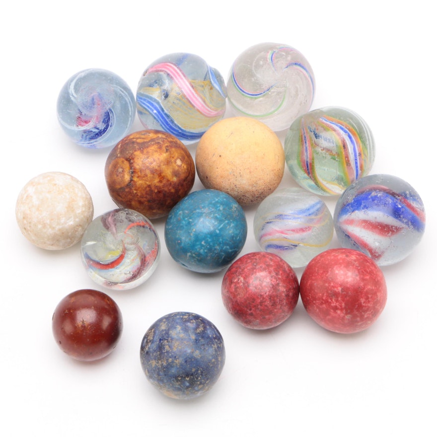 Glass Ribbon Core, Latticino Swirl, and Bennington Marbles, Vintage