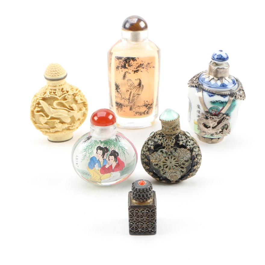 Snuff Bottle Assortment Including Reverse Painted Glass and Rotating Porcelain