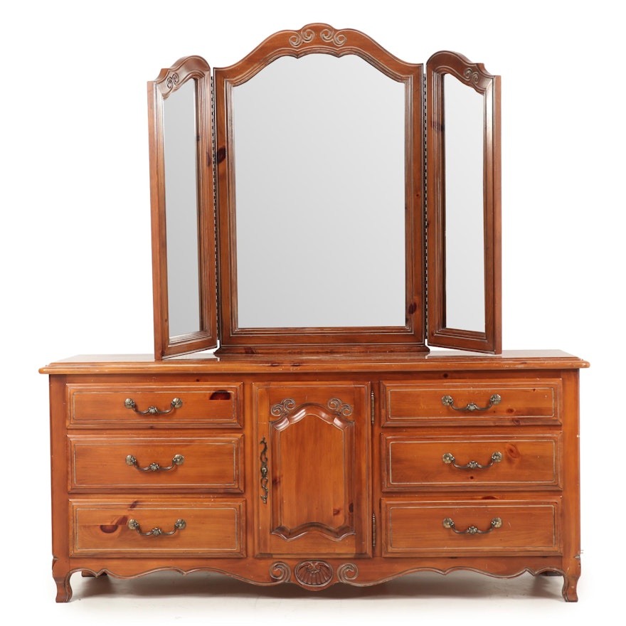 Ethan Allen Pine French Provincial Style Dresser with Attached Mirror