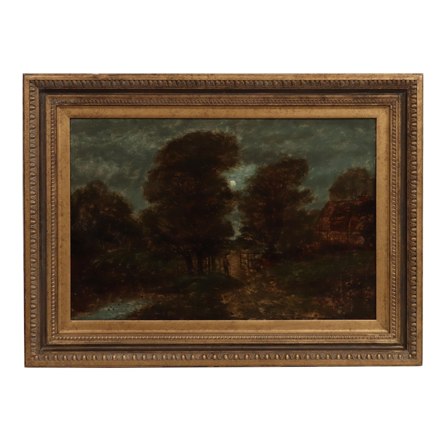 19th Century Moonlight Landscape Oil Painting