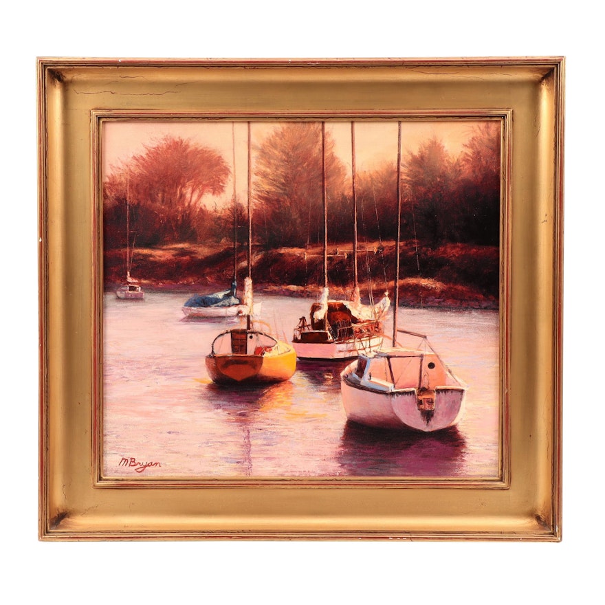 M. Bryan Oil Painting of Sailboats in Harbor