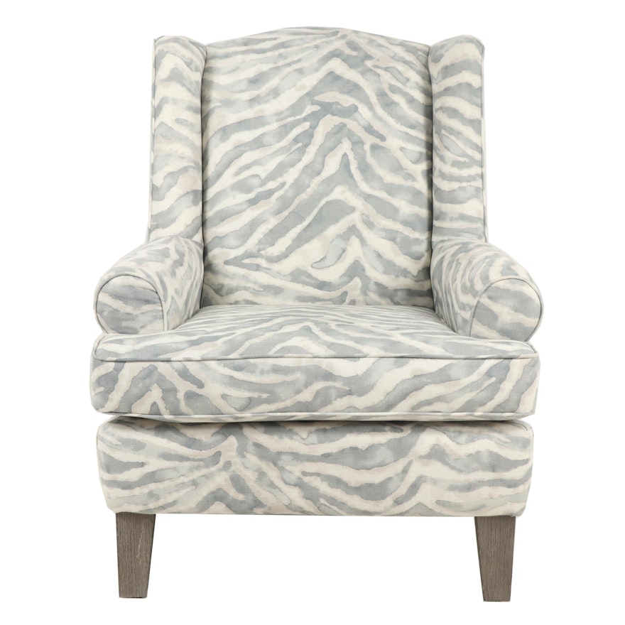 Contemporary Wingback Armchair with Diffused Zebra Stripe Upholstery