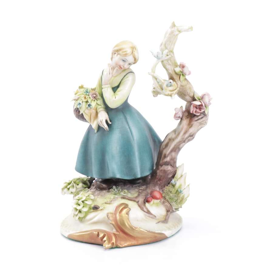 Antonio Borsato Porcelain Woman with Flower Basket Figurine