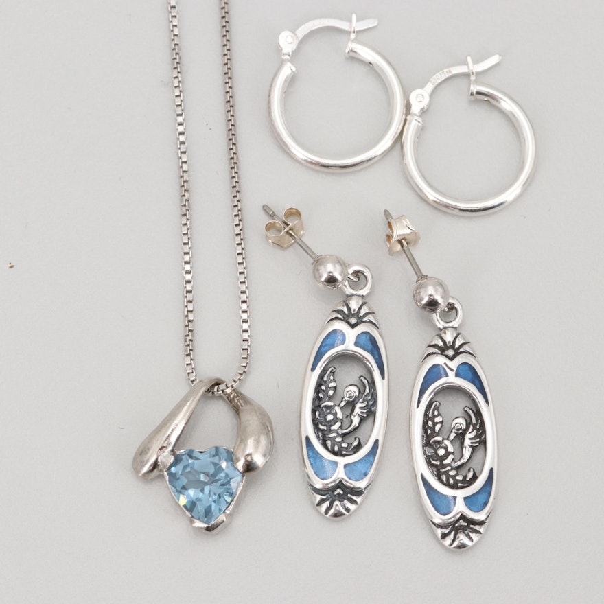 Sterling Silver Earrings and Blue Topaz Pendant Necklace