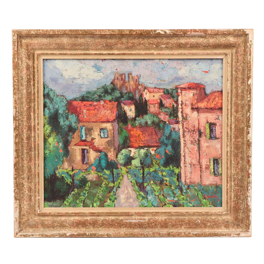 C. Everly Oil Painting of Village Scene