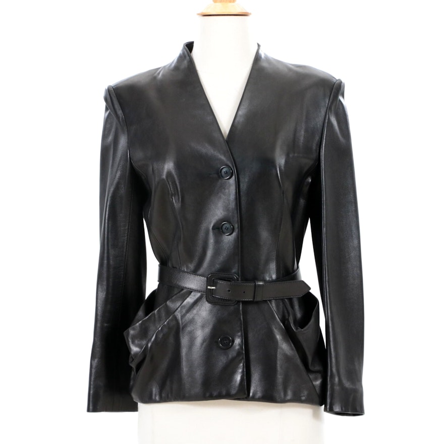 Christian Dior Paris Black Lambskin Leather Jacket with Matching Belt