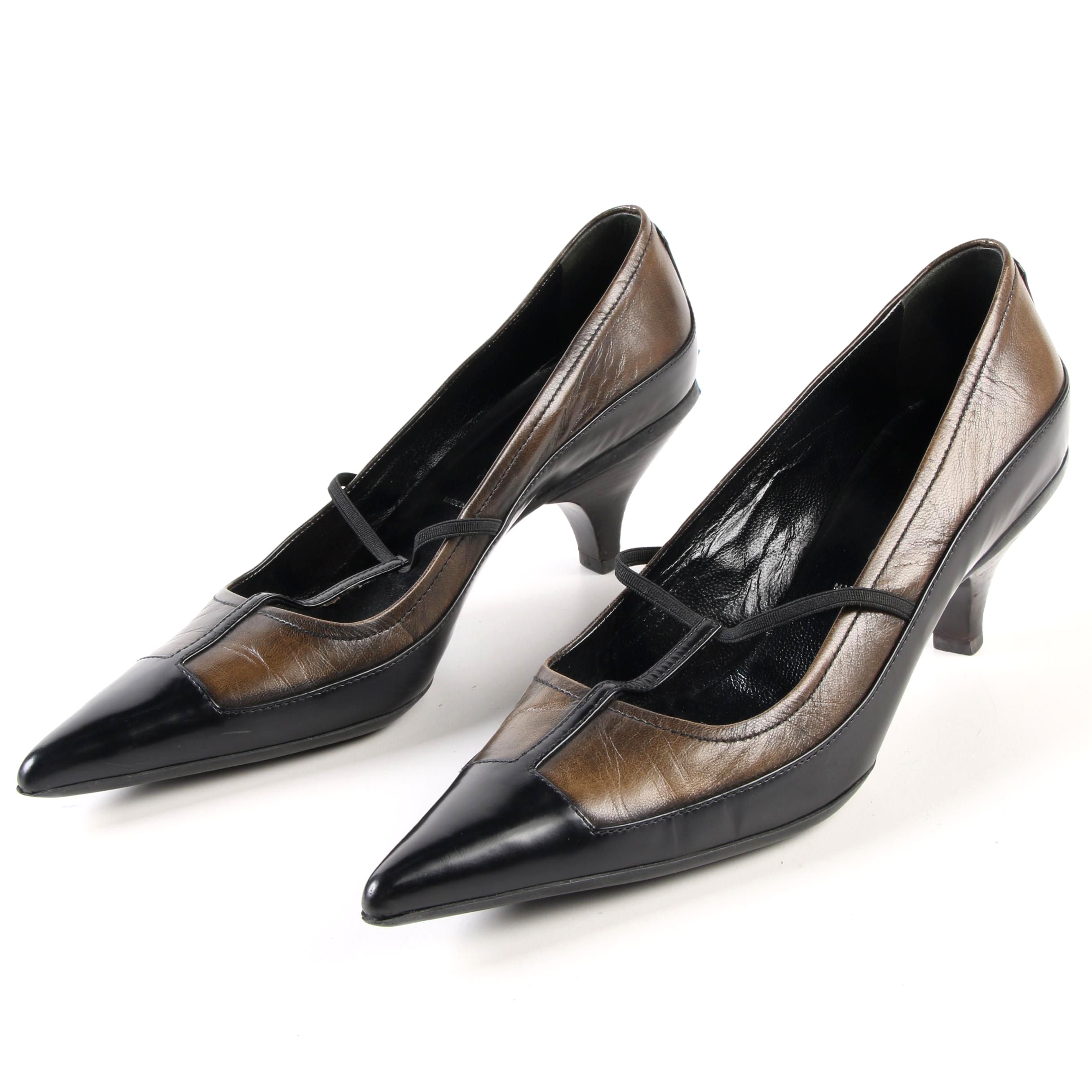 Prada Two-Tone Pointed Toe Pumps in Olive Green and Black Leather with T-Strap