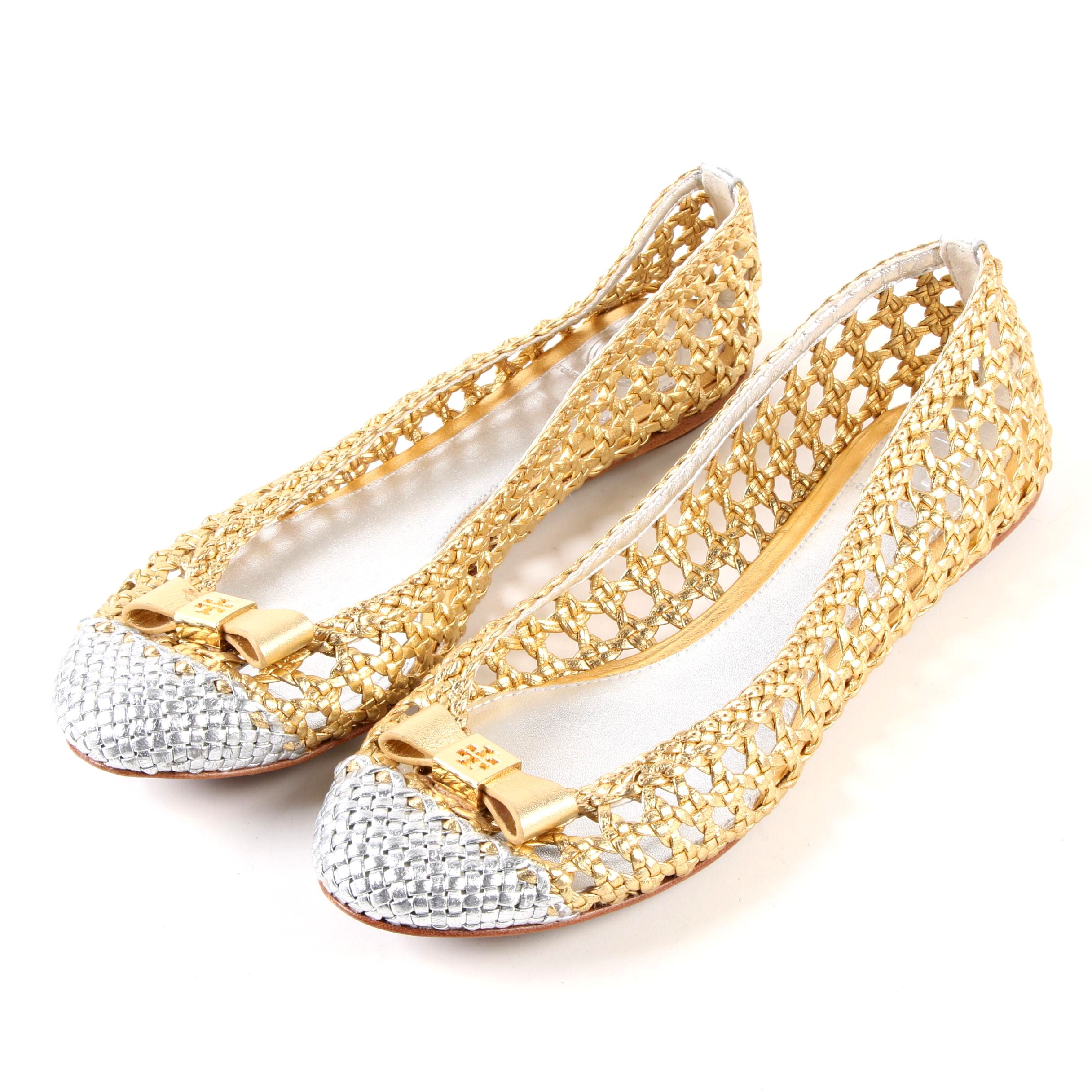 Tory Burch Carlyle Bow Top Flats in Open Weave Metallic Gold and Silver Leather