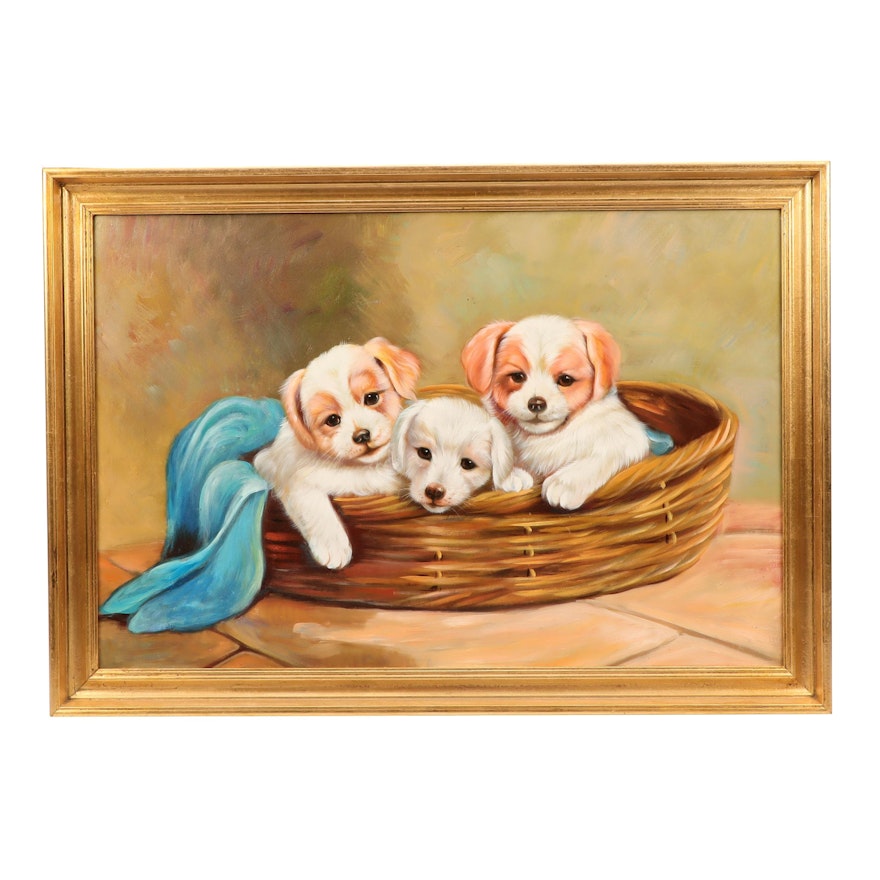 Oil Painting of Puppies in Basket