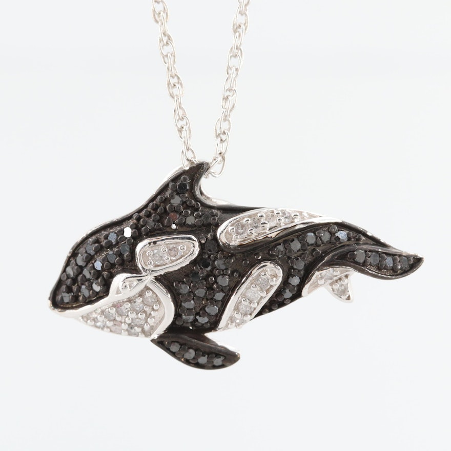 Sterling Silver Diamond Killer Whale Pendant Necklace with Black Diamonds