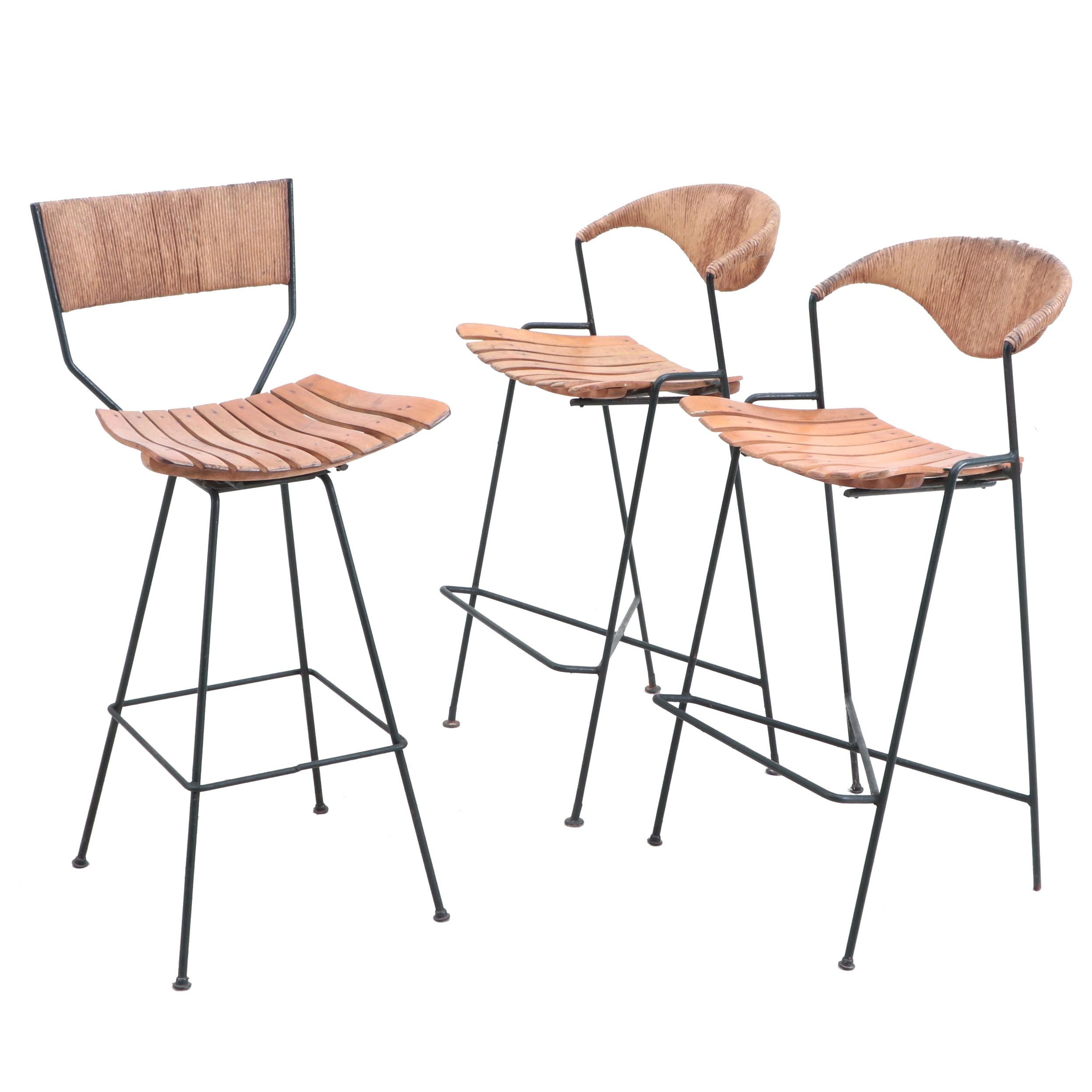 Mid Century Modern Maple Seat Metal Frame Counter Height Chairs