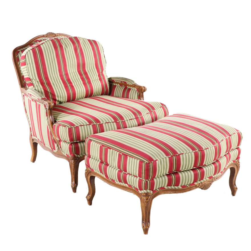 Louis XV Style Carved Fruitwood Bergere Chair and Ottoman, Late 20th Century