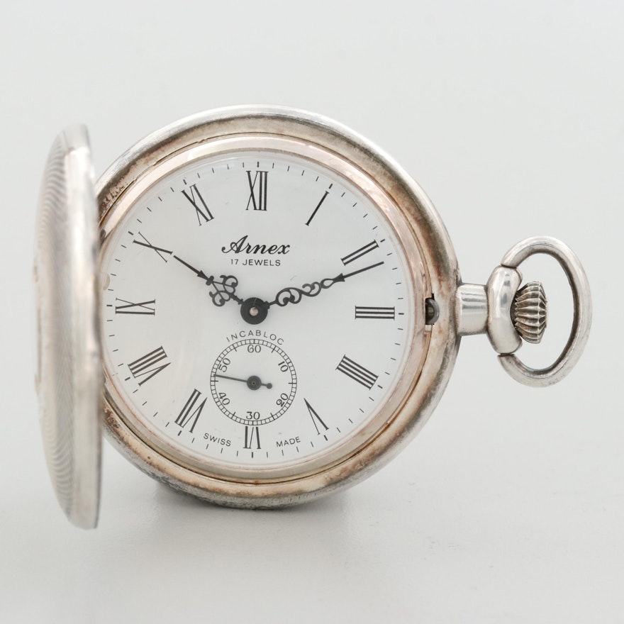 Vintage Arnex Swiss Silver Tone Hunter Case Pocket Watch