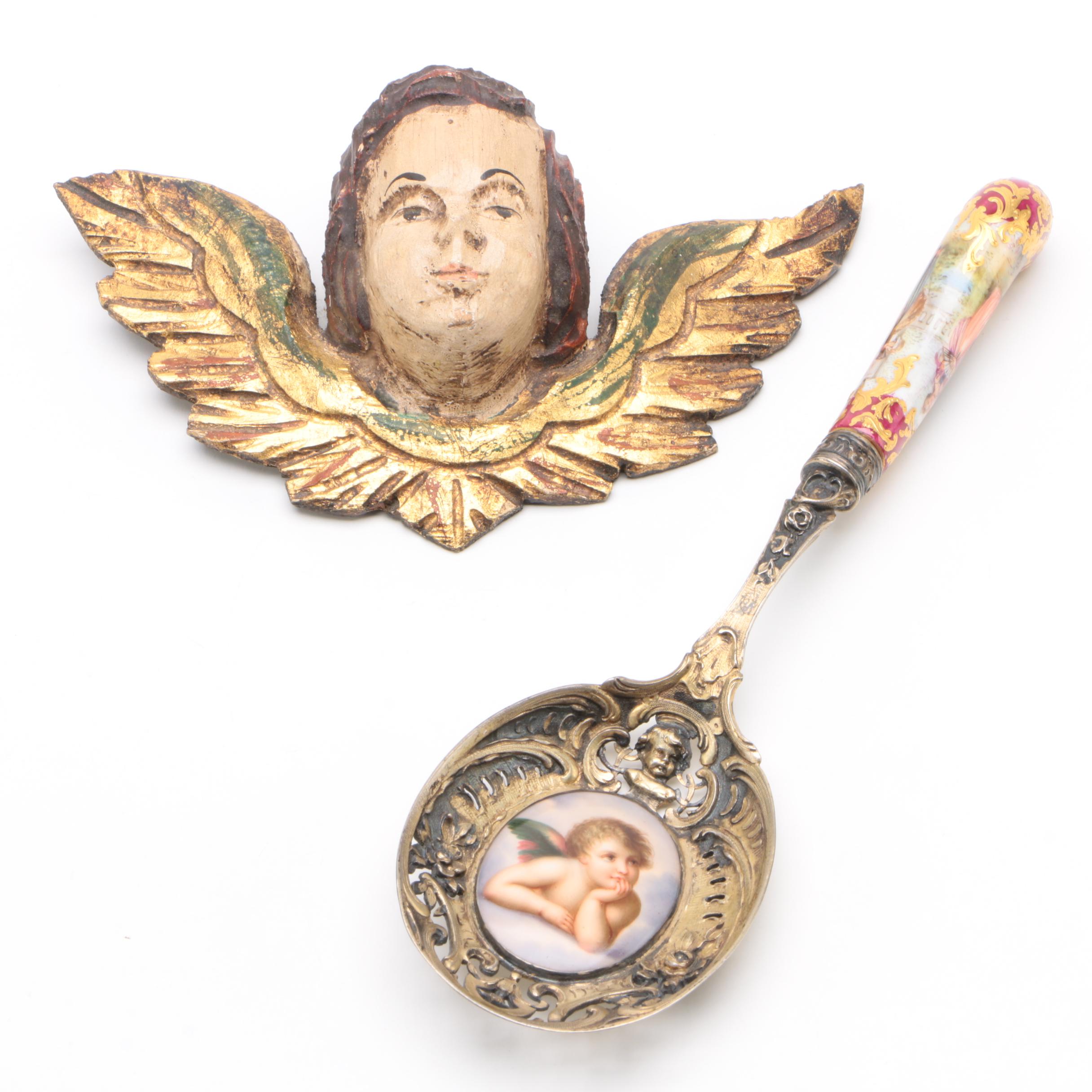 Dresden's Heinrich Mau 800 Silver and Porcelain Cherub Spoon With Wood Figure