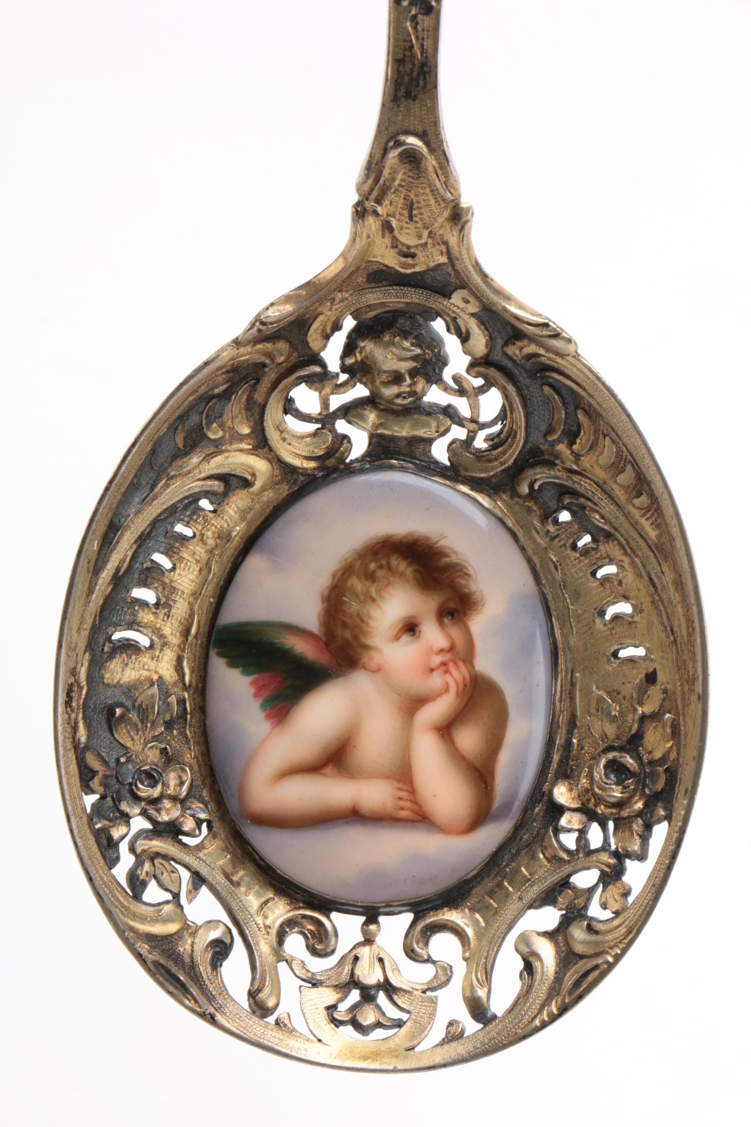 Dresden's Heinrich Mau 800 Silver and Porcelain Cherub Spoon With Wood Figure