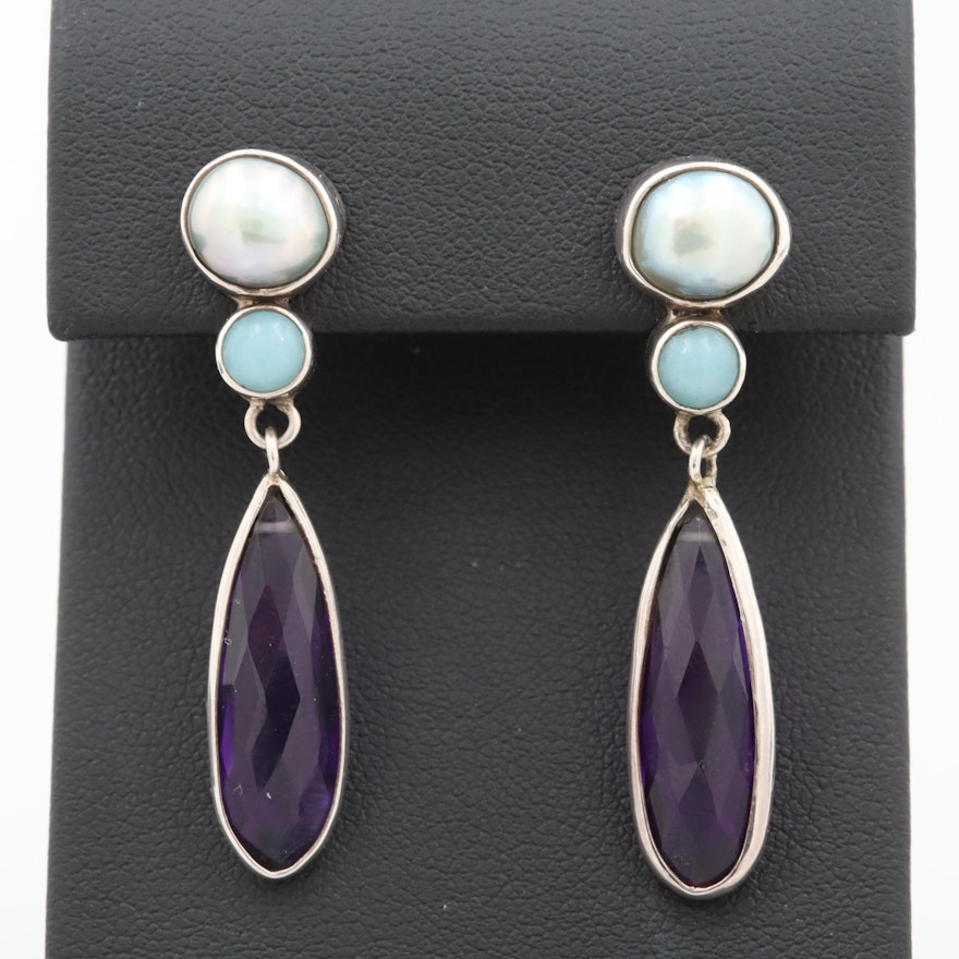 Sterling Silver Cultured Pearl, Aquamarine and Amethyst  Earrings