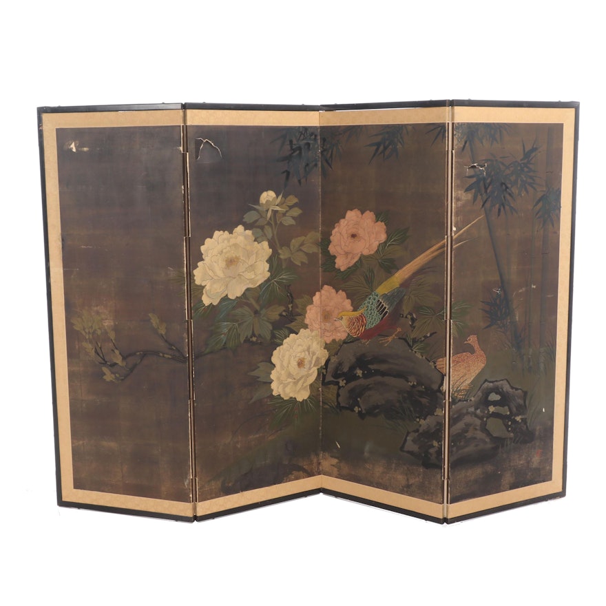 Chinese Hand-Painted Folding Screen with Birds and Flowers