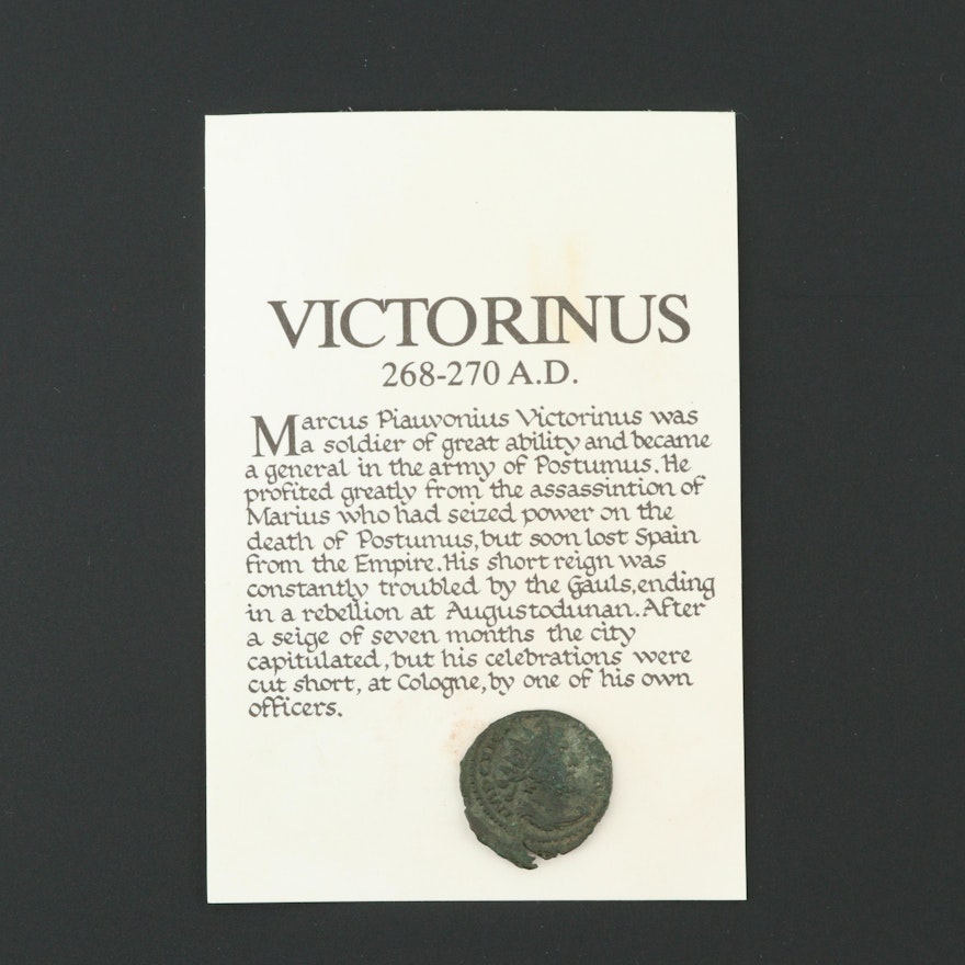 Ancient Roman Imperial AE3 Reduced Follis Coin of Victorinus, ca. 268 A.D.