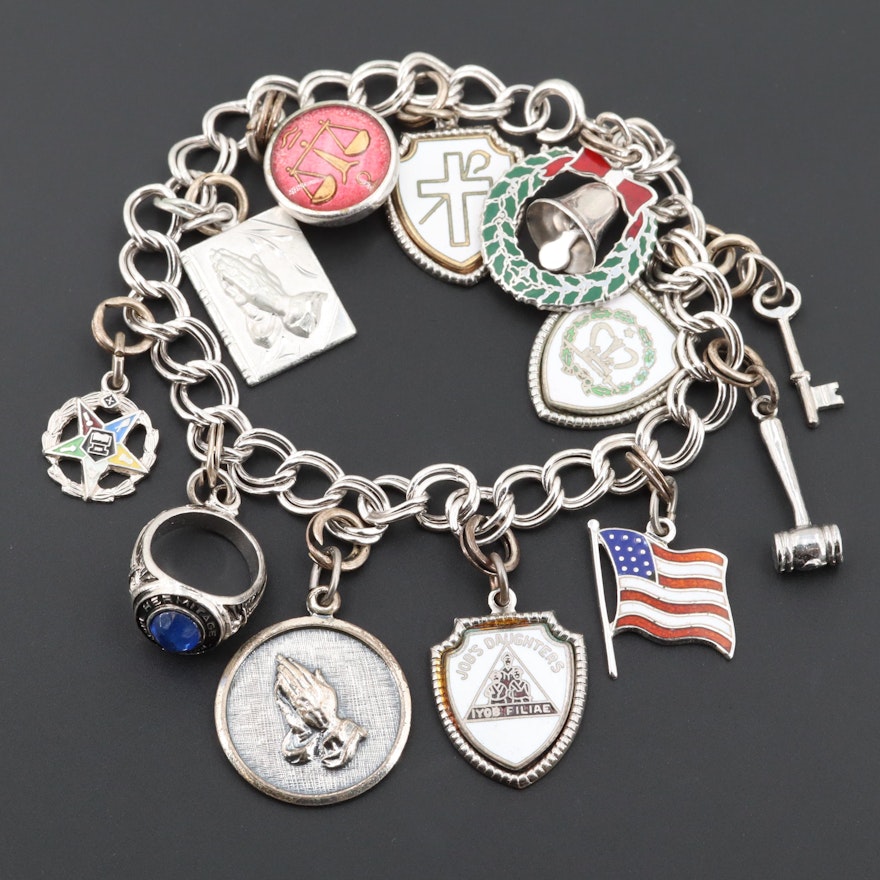 Sterling Silver Glass and Enamel Charm Bracelet