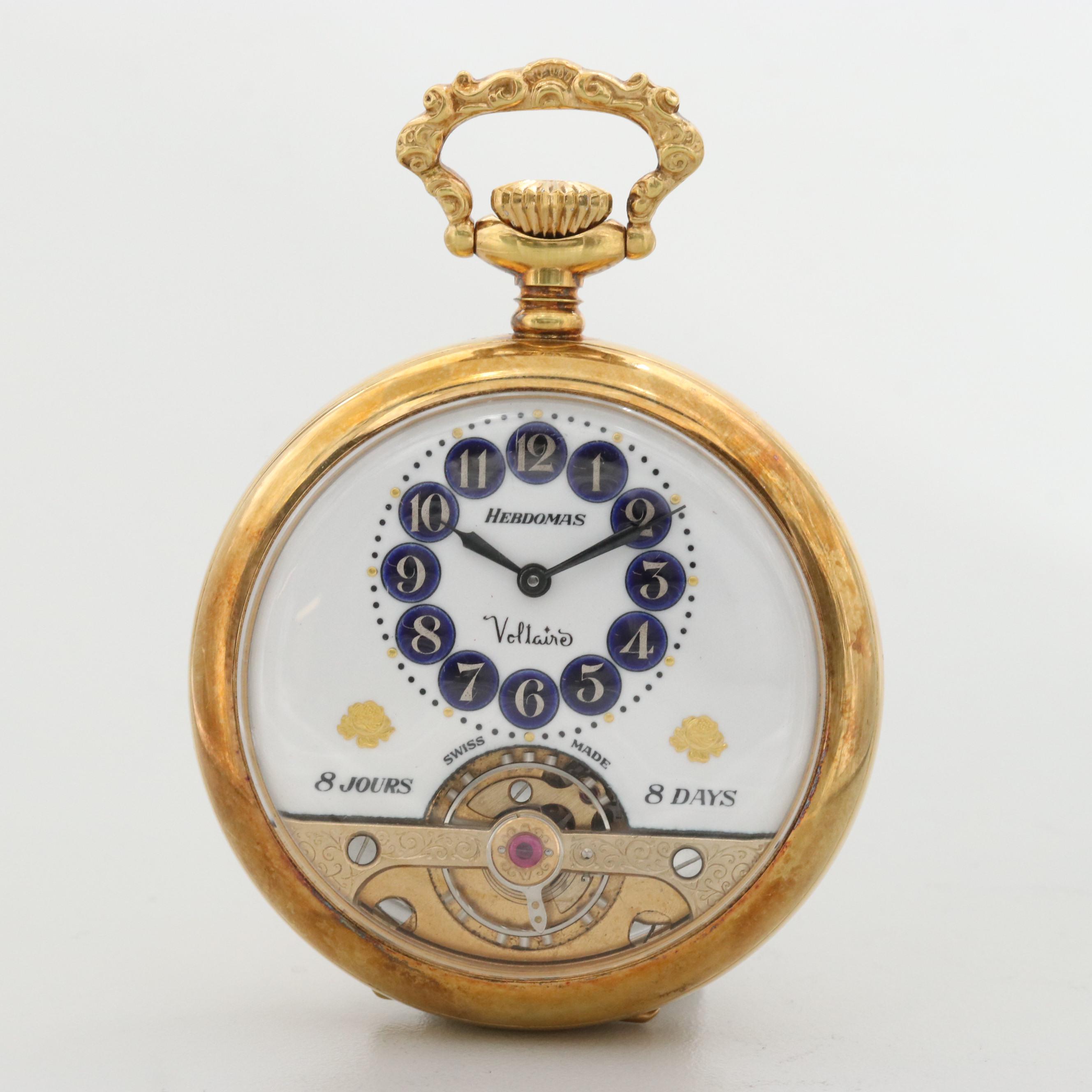 Vintage Hebdomas Eight Day Swiss Gold Tone Pocket Watch