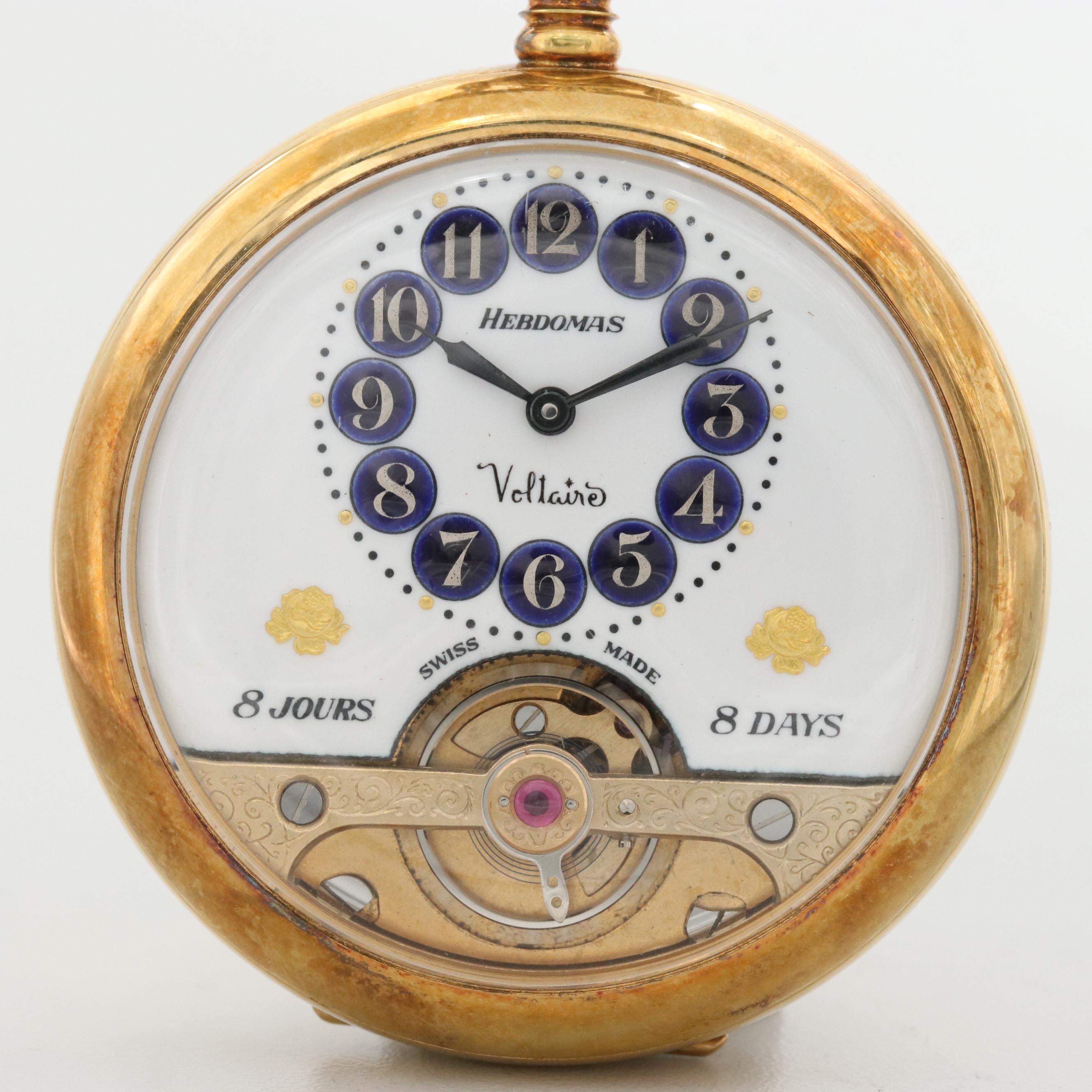 Vintage Hebdomas Eight Day Swiss Gold Tone Pocket Watch