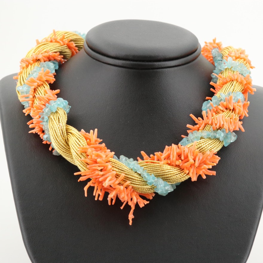 Gold Tone Glass and Imitation Coral Necklace