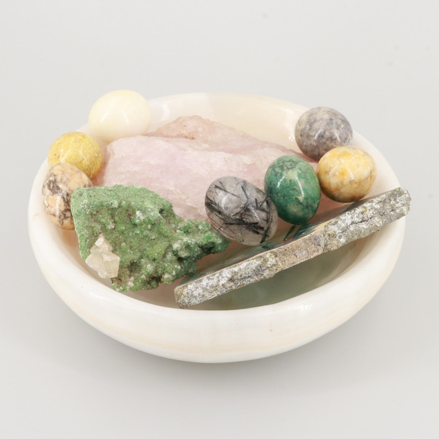 Polished Alabaster Bowl and Gemstone Eggs with Flourite and Calcite Specimens