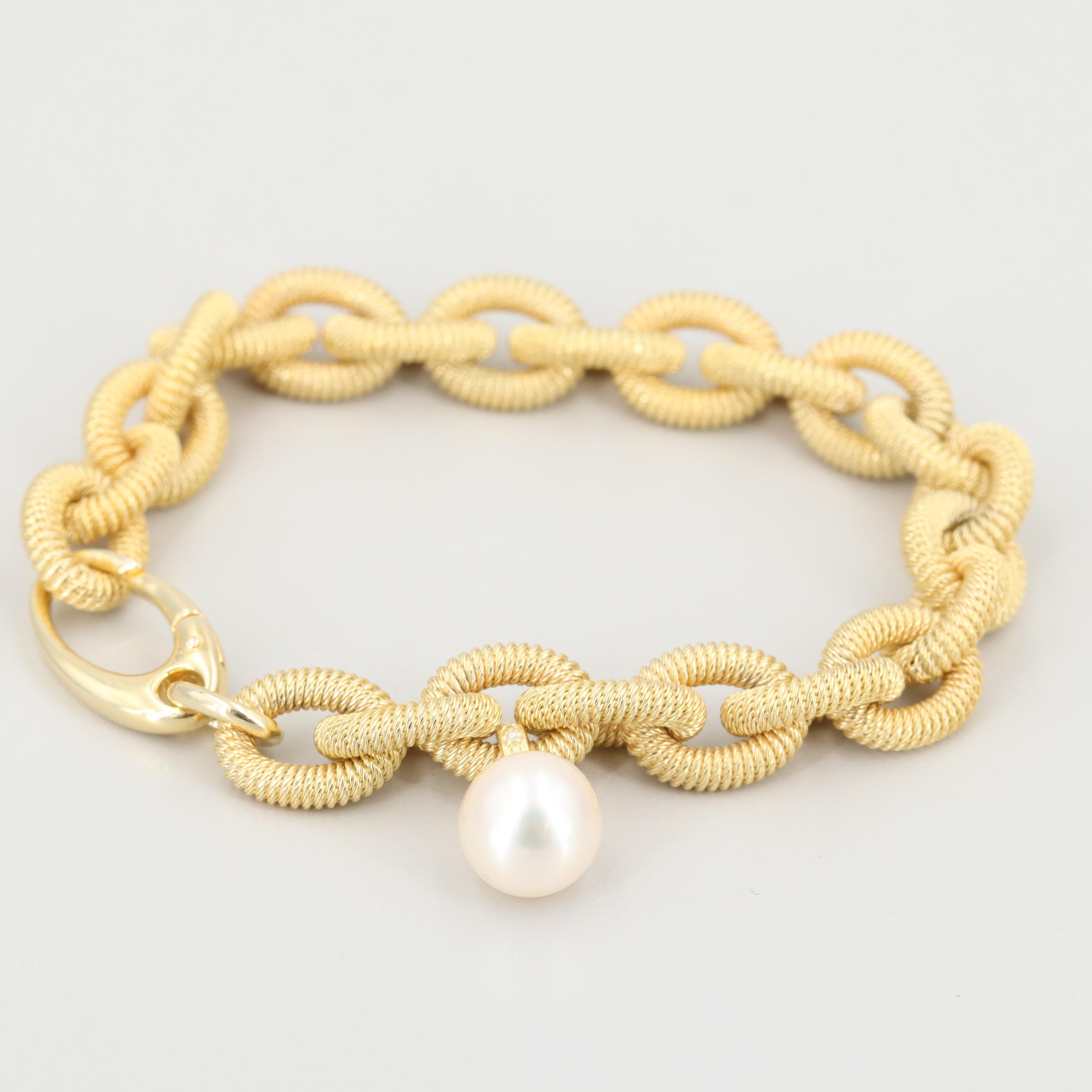 Gold Wash on Sterling Silver Cultured Pearl and Diamond Bracelet