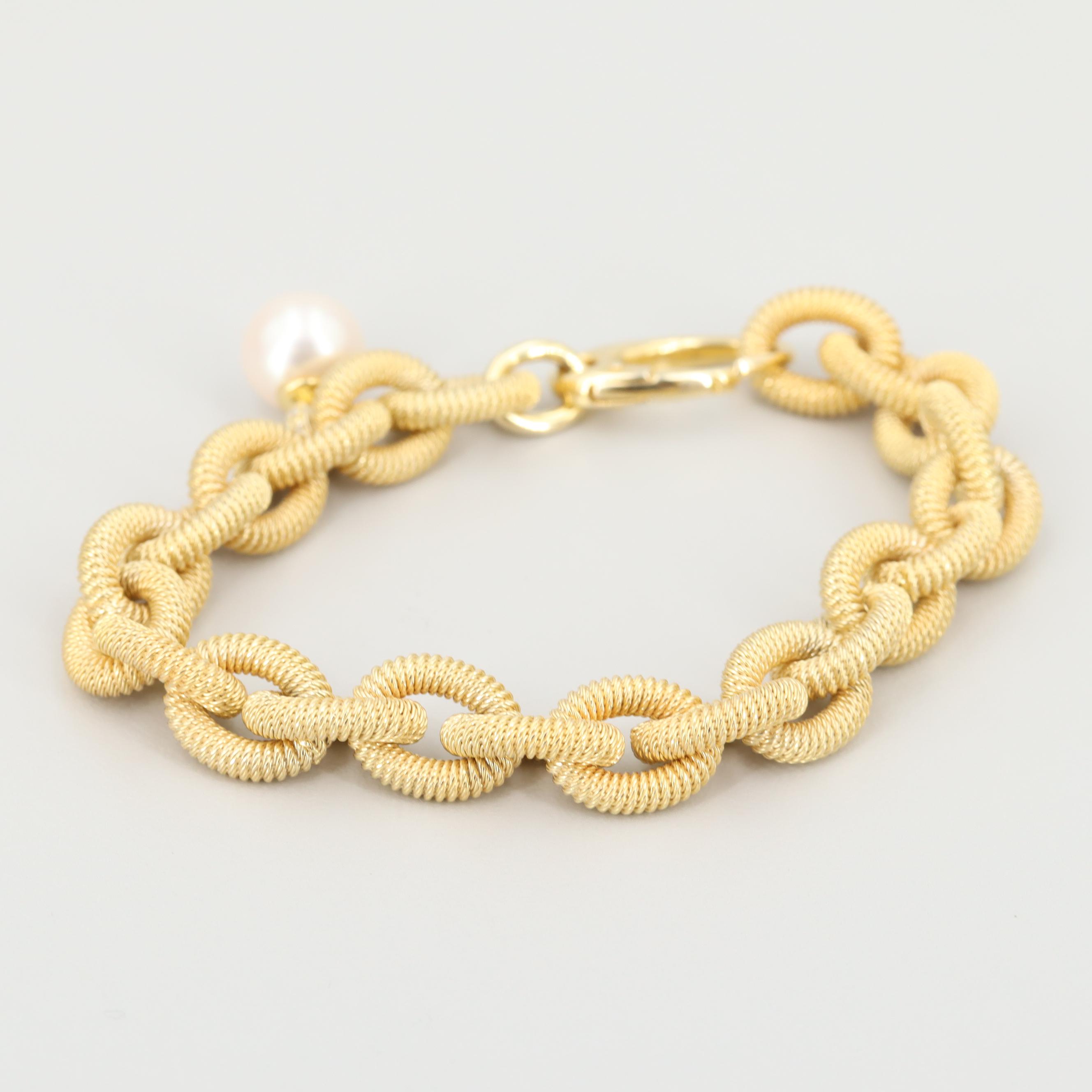 Gold Wash on Sterling Silver Cultured Pearl and Diamond Bracelet