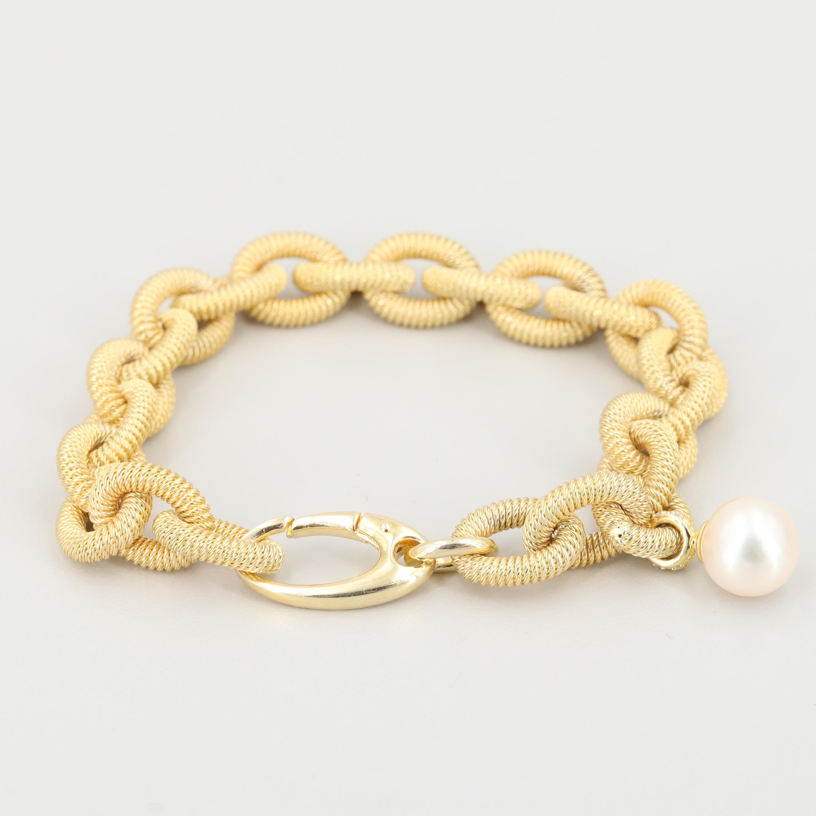 Gold Wash on Sterling Silver Cultured Pearl and Diamond Bracelet