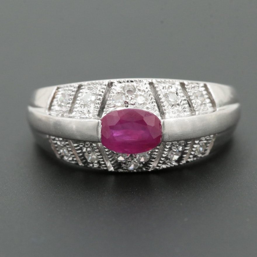 Vintage 14K White Gold Ruby and Diamond Openwork Ring with Milgrain Detail