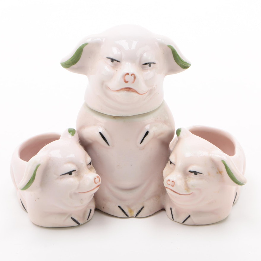 French Porcelain Condiment Server of Three Pigs, Vintage